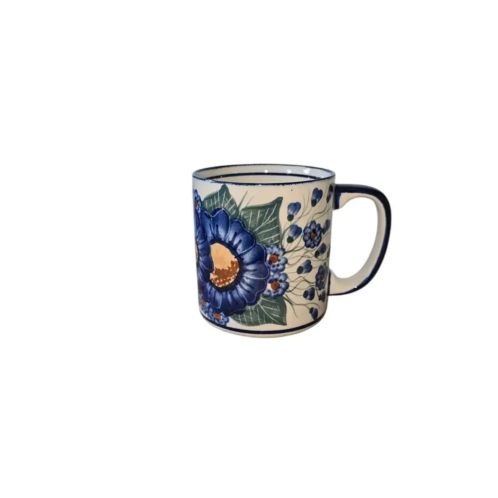 Polish Pottery Unikat Vintage Rare Bountiful Blue Pattern Snack/Mug Set Signed